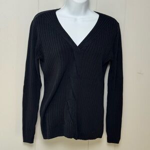Ann Taylor Factory Black Ribbed V-Neck Twisted Front Cotton Blend Sweater Size M
